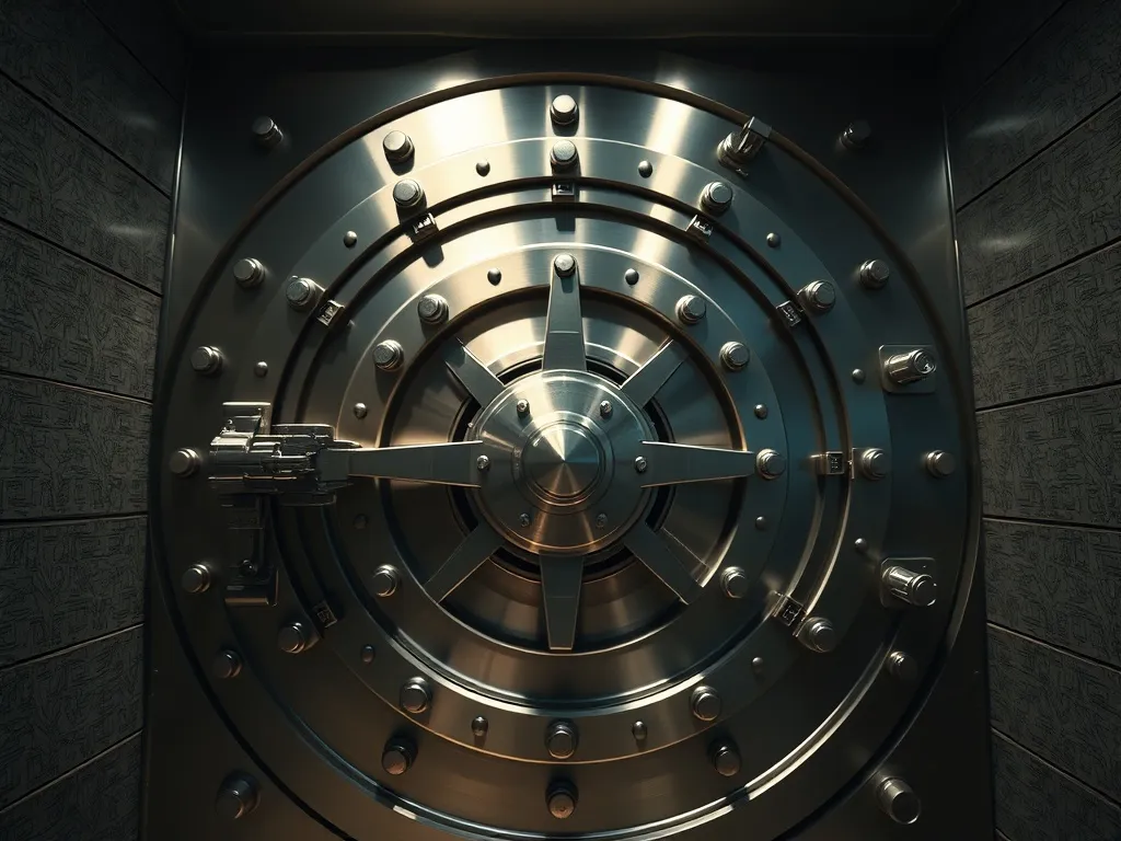 High-angle shot of a modern bank vault door with heavy steel