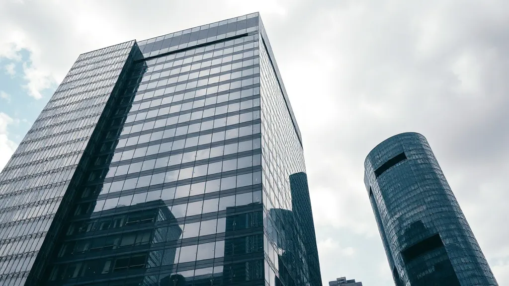A high-angle architectural shot of a modern glass office bui