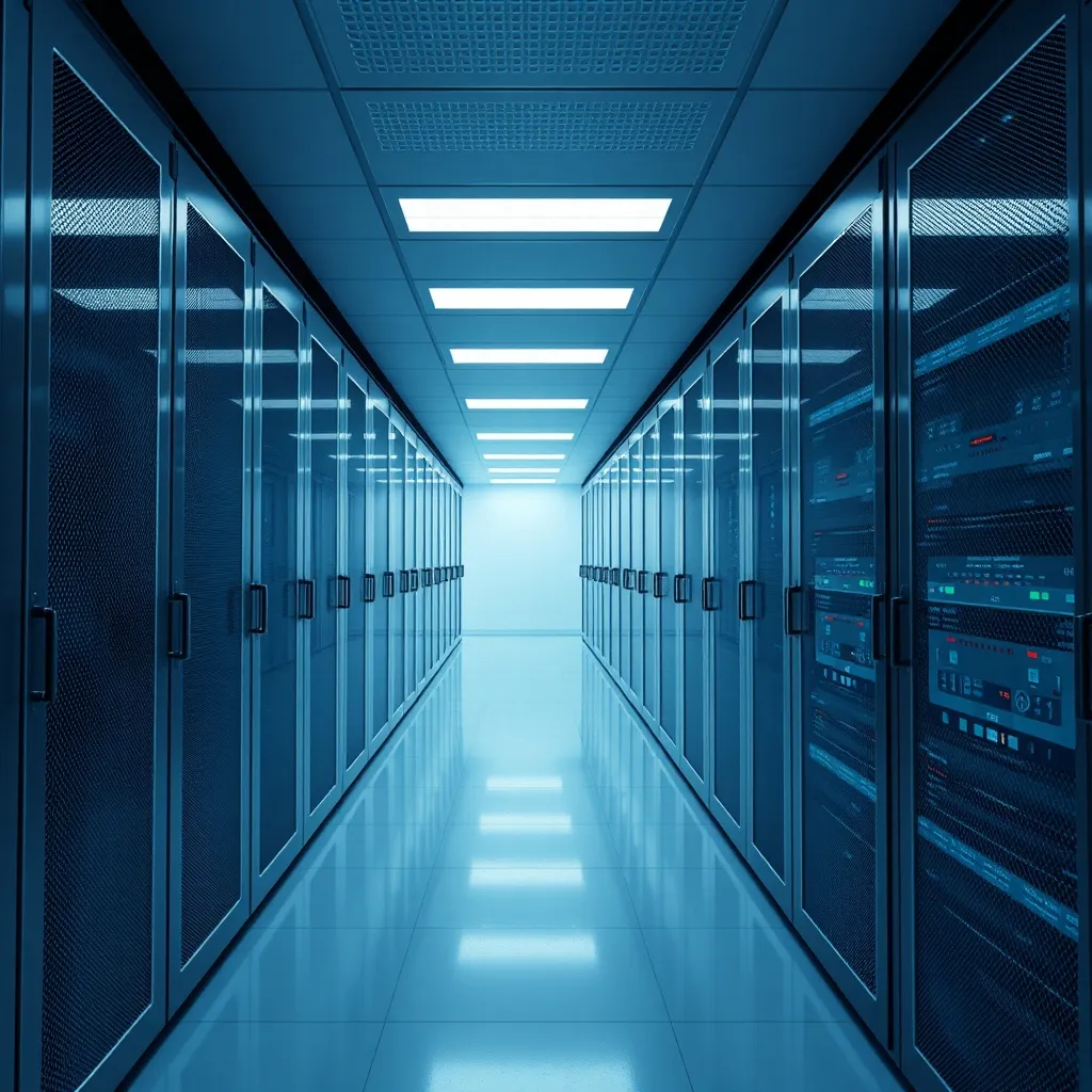 A high-tech secure server room with clean lines and soft lig