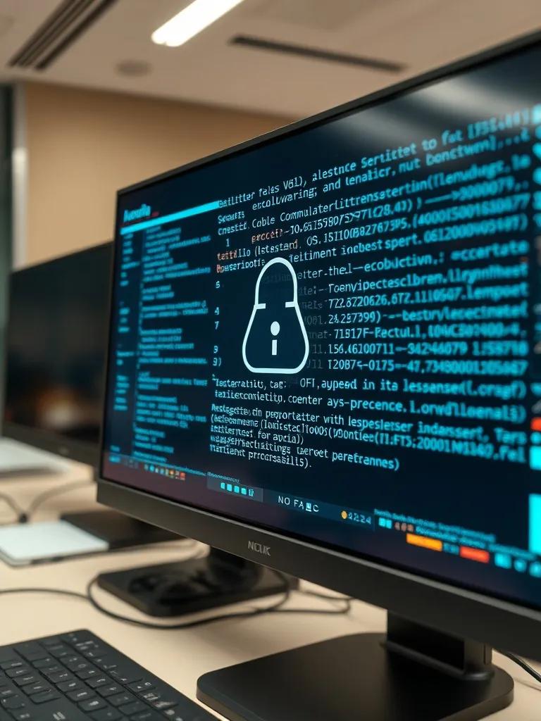 Close-up of a high-tech computer screen displaying encrypted