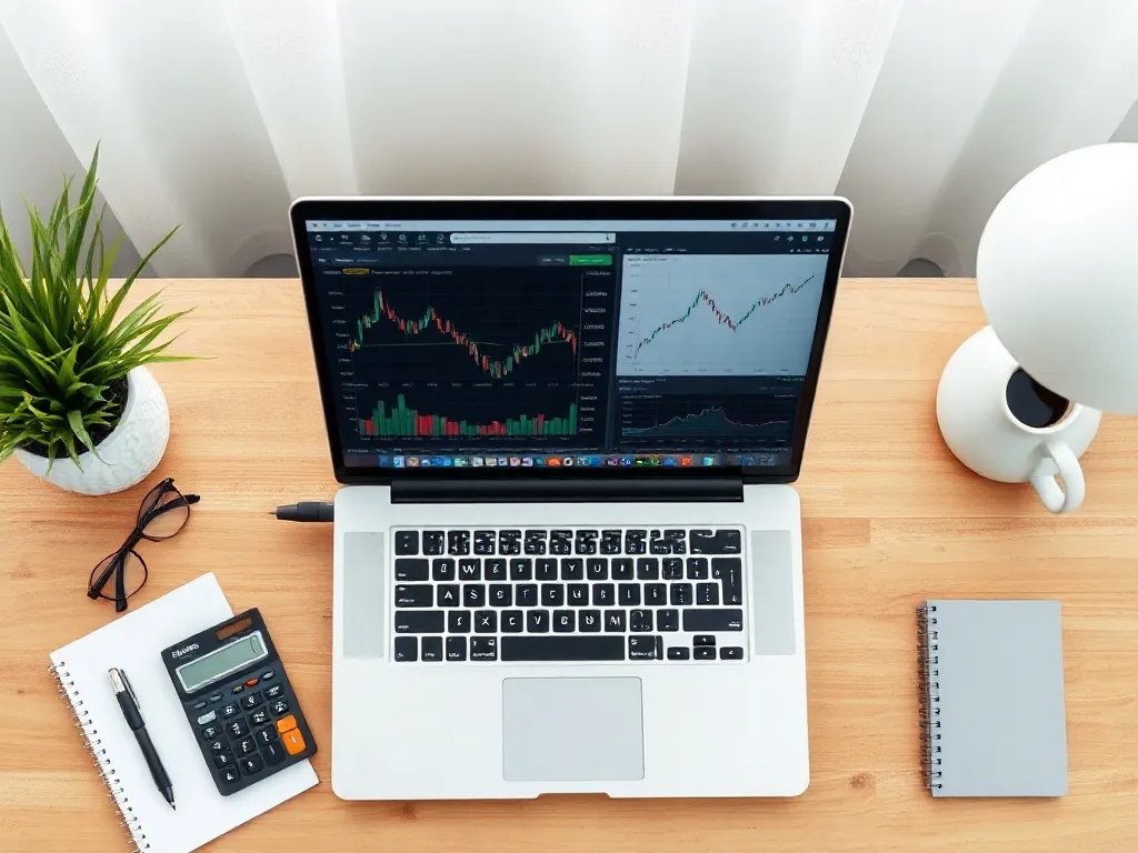 A professional clean workspace with a laptop, financial char