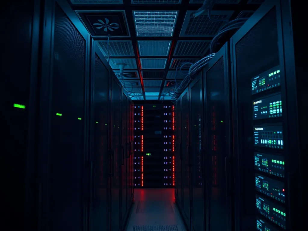 High-angle shot of a dark, modern server room with blinking